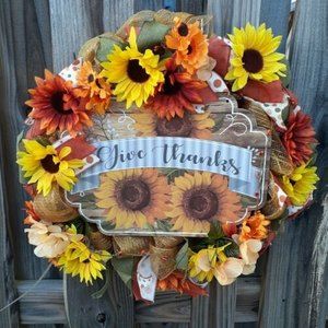Give Thanks Sunflower Wreath Autumn Thanksgiving Deco Mesh Handmade 18"